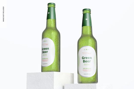 Free Green Beer Bottles Mockup, Low Angle View Psd