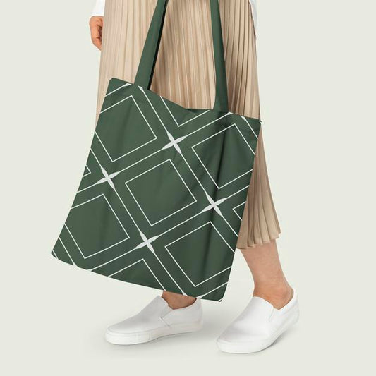 Free Green Tote Bag Mockup With Rhombus Pattern Casual Apparel Psd