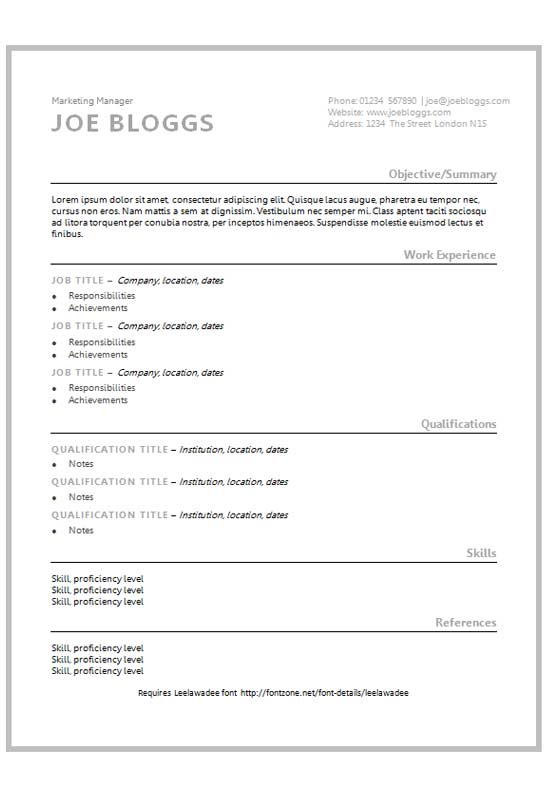 Free Grey Box Text Only CV Resume Template in Microsoft Word (DOCX) Format