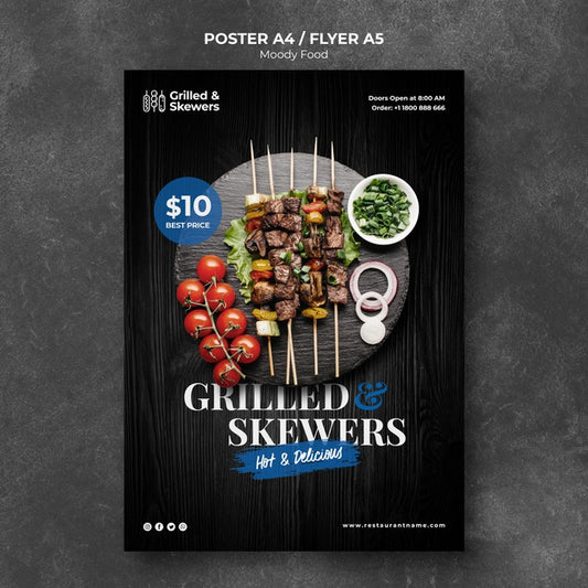 Free Grilled Skewers With Veggies Restaurant Poster Template Psd