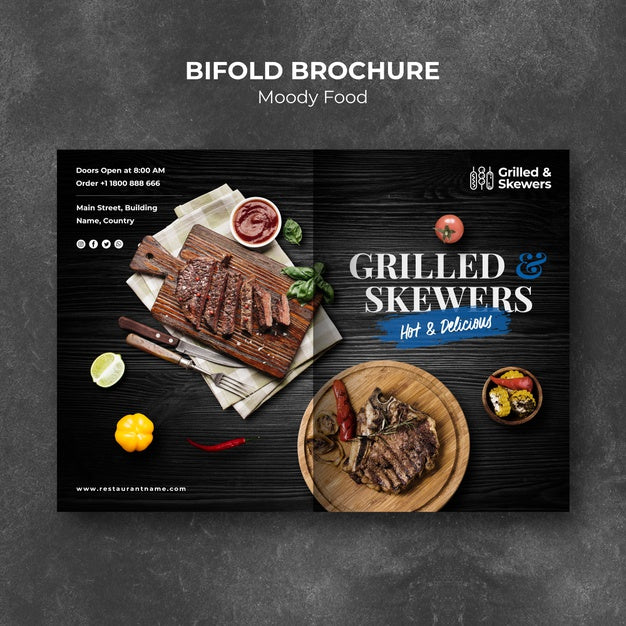 Free Grilled Steak And Veggies Restaurant Bifold Brochure Template Psd