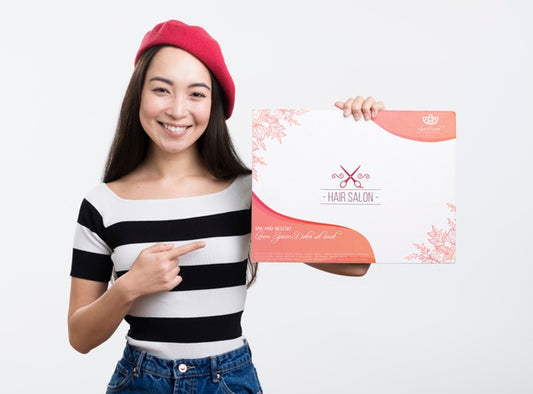 Free Hair Salon Mock-Up Ad And Girl With Red French Beret Psd