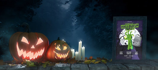 Free Halloween Arrangement With Pumpkins And Frame Mock-Up Psd