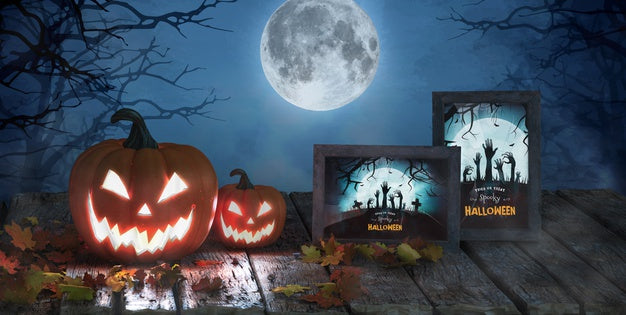 Free Halloween Arrangement With Pumpkins And Frames Mock-Up Psd
