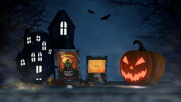 Free Halloween Arrangement With Scary Pumpkin And Frame Mock-Up Psd