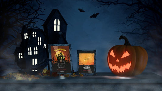 Free Halloween Arrangement With Scary Pumpkin And Frame Mock-Up Psd
