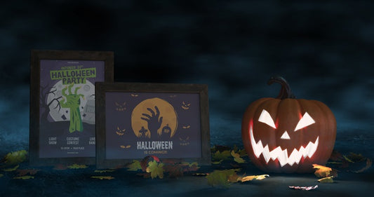 Free Halloween Arrangement With Scary Pumpkin And Movie Posters Mock-Up Psd