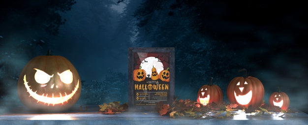 Free Halloween Arrangement With Scary Pumpkins And Frame Mock-Up Psd