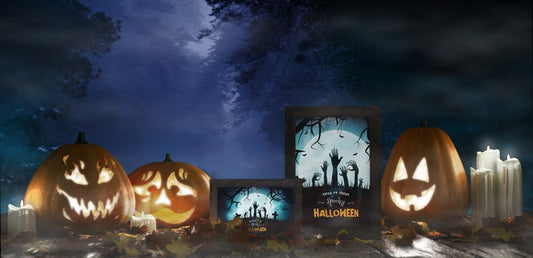 Free Halloween Arrangement With Scary Pumpkins And Framed Horror Posters Psd