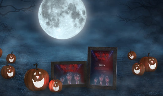 Free Halloween Arrangement With Smiley Pumpkins And Movie Posters Mock-Up Psd