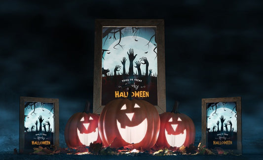 Free Halloween Arrangement With Smiley Pumpkins And Movie Posters Psd