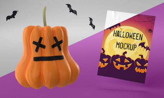 Free Halloween Card Mock-Up Next To Scary Pumpkin Psd