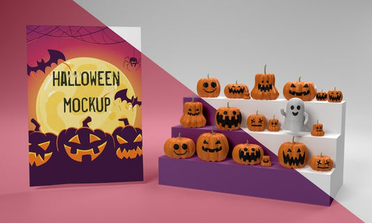 Free Halloween Card Mock-Up Next To Scary Pumpkins Psd