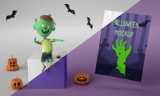 Free Halloween Card Mock-Up Next To Smiley Zombie Psd