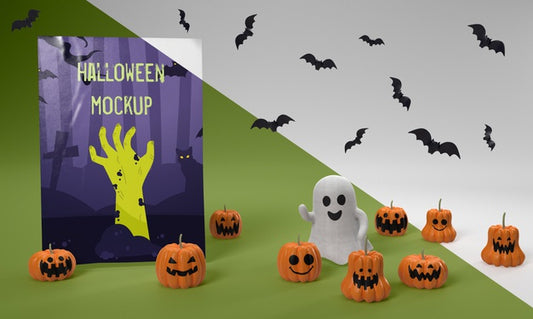 Free Halloween Card Mock-Up With Scary Pumpkins And Ghost Psd