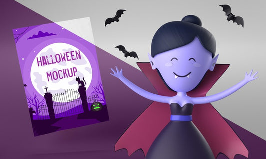 Free Halloween Card Mock-Up With Smiley Woman Vampire Psd