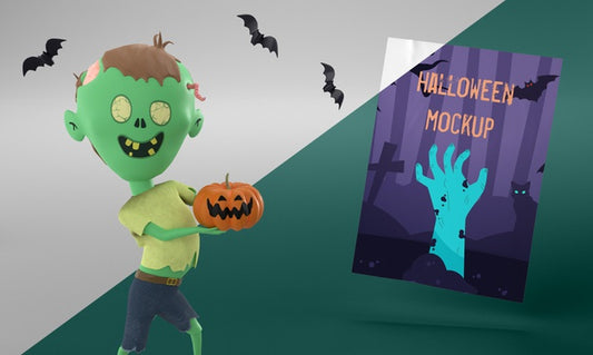 Free Halloween Card Mock-Up With Zombie Holding A Pumpkin Psd