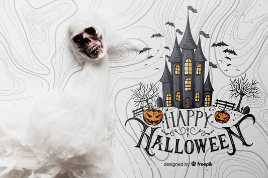 Free Halloween Concept With Skull And Haunted House Psd