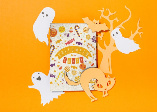 Free Halloween Cover Mockup With Paper Cut Ghosts And Cat Psd