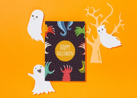 Free Halloween Cover Mockup With Paper Ghosts Psd