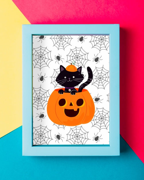 Free Halloween Frame Concept With Black Cat And Pumpkin Psd