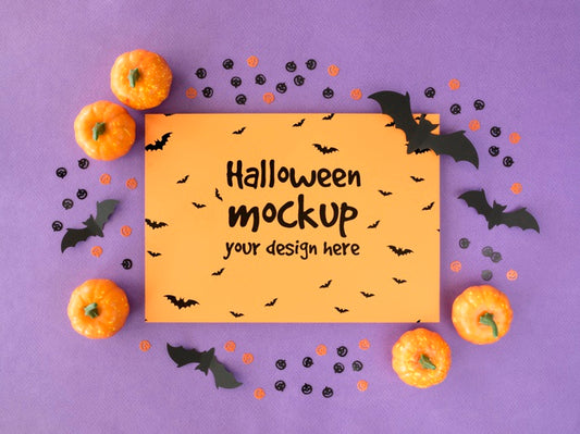 Free Halloween Mock-Up With Pumpkins And Bats Psd