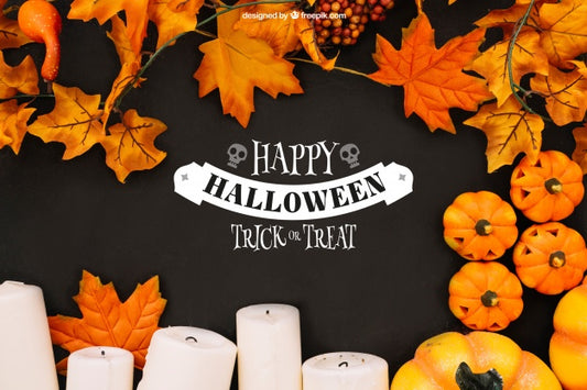 Free Halloween Mockup With Autumn Leaves And Candles Psd