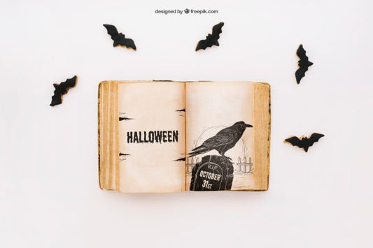 Free Halloween Mockup With Book And Bats Psd