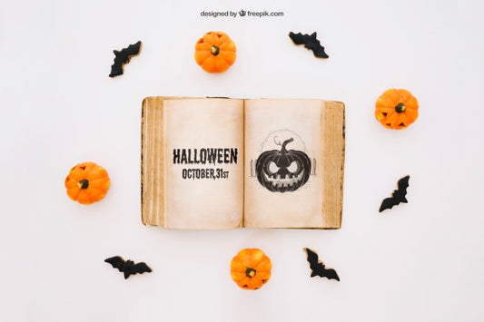Free Halloween Mockup With Book Decoration Psd