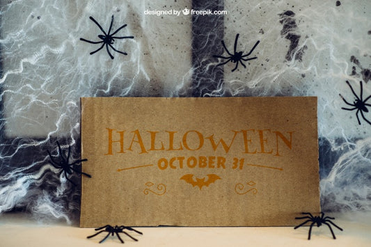 Free Halloween Mockup With Cardboard And Cobweb Psd