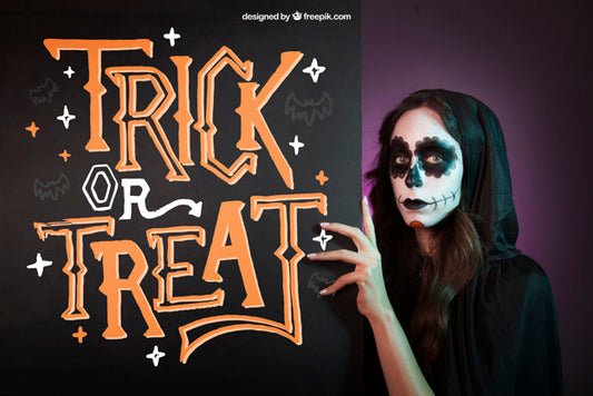 Free Halloween Mockup With Girl Behind Blackboard Psd