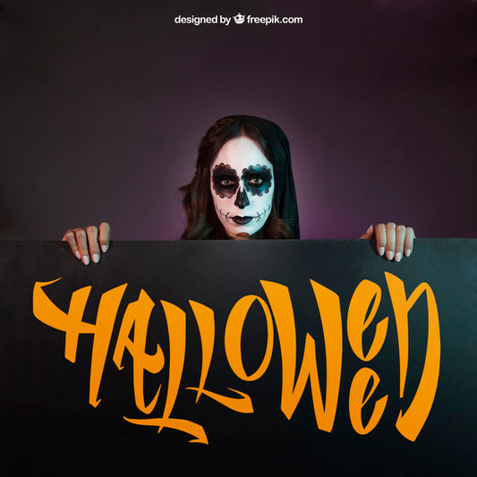 Free Halloween Mockup With Girl Looking Above Board Psd