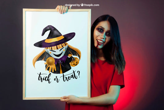 Free Halloween Mockup With Girl Showing Whiteboard Psd