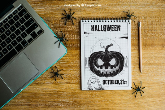 Free Halloween Mockup With Laptop And Notepad Psd