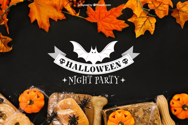 Free Halloween Mockup With Leaves And Bread Psd