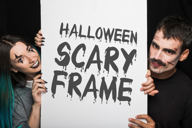 Free Halloween Mockup With Lettering On Big Board And Couple Psd