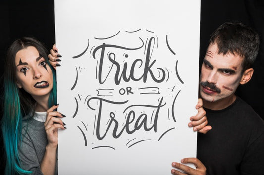 Free Halloween Mockup With Lettering On Big Board And Couple Psd