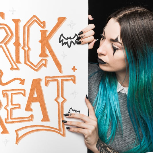 Free Halloween Mockup With Lettering On Big Board And Woman Psd