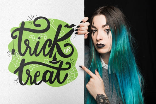 Free Halloween Mockup With Lettering On Big Board And Woman Psd