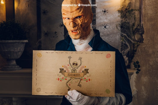 Free Halloween Mockup With Monster Holding Cardboard Psd