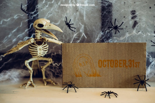 Free Halloween Mockup With Skeleton Of Bird Psd