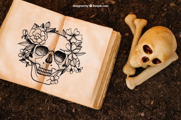 Free Halloween Mockup With Skull And Open Book Psd