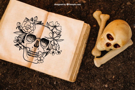 Free Halloween Mockup With Skull And Open Book Psd