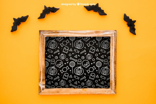 Free Halloween Mockup With Slate And Bats Psd