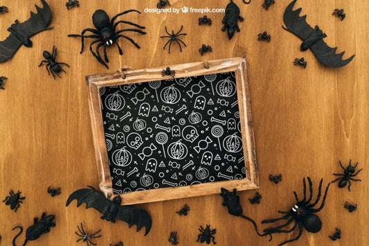 Free Halloween Mockup With Slate And Insects Psd