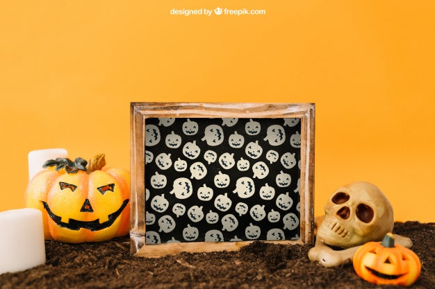 Free Halloween Mockup With Slate And Pumpkin Decoration Psd