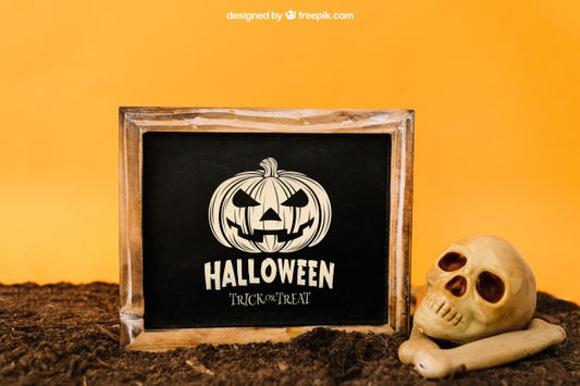 Free Halloween Mockup With Slate And Skull Psd