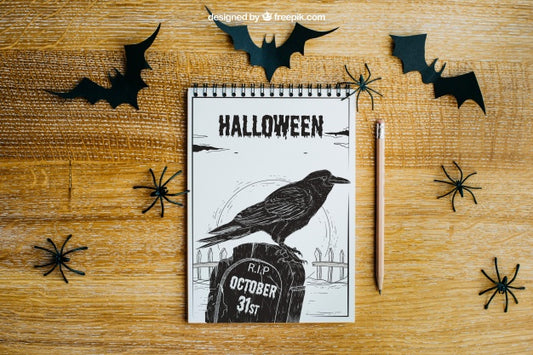 Free Halloween Mockup With Spiral Notepad Psd