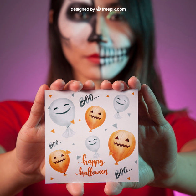Free Halloween Mockup With Vampire Showing Card Psd