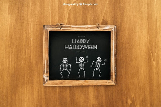 Free Halloween Mockup With Wooden Slate Psd